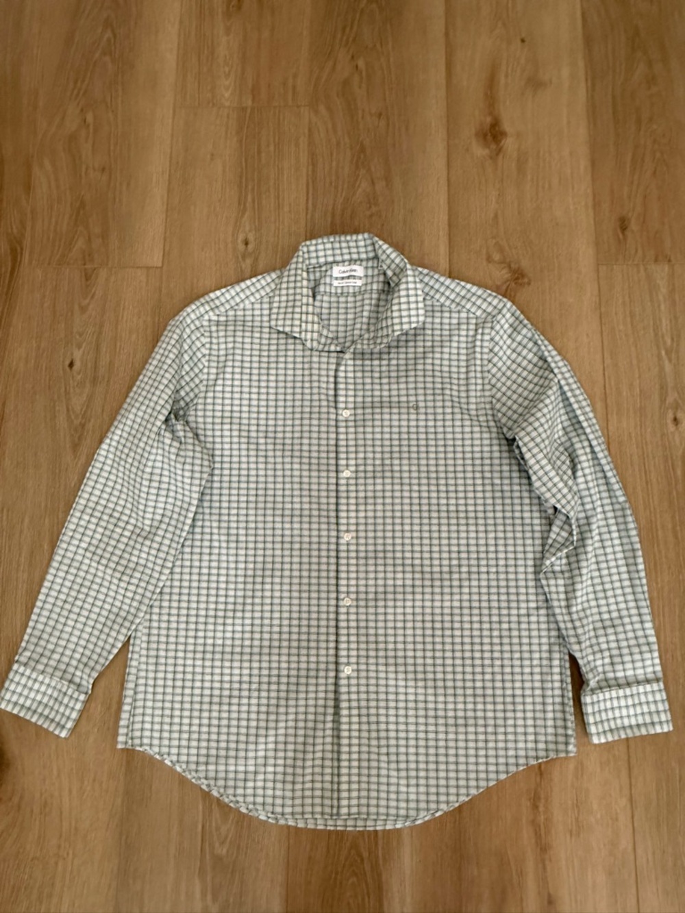 Calvin Klein Light Green and White Check Button-Down Shirt